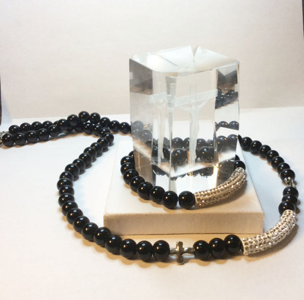 Black Onyx, metal and rhinestone column necklace and bracelet set.