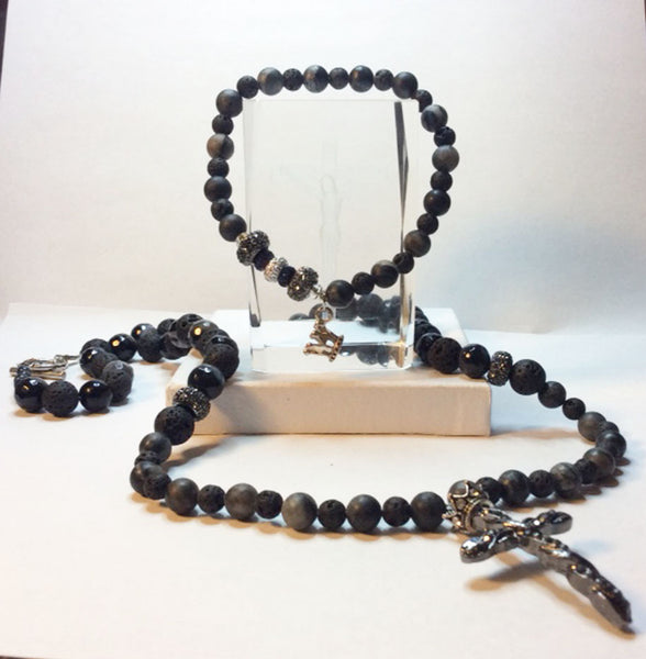 Men's Gemstone and Lava Beaded Cross Necklace and Beaded Crown Bracelet Set.