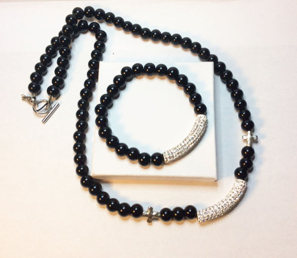 Black Onyx, metal and rhinestone column necklace and bracelet set.