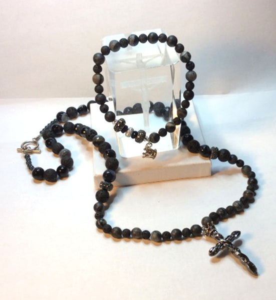 Men's Gemstone and Lava Beaded Cross Necklace and Beaded Crown Bracelet Set.