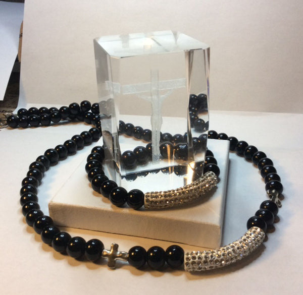 Black Onyx, metal and rhinestone column necklace and bracelet set.