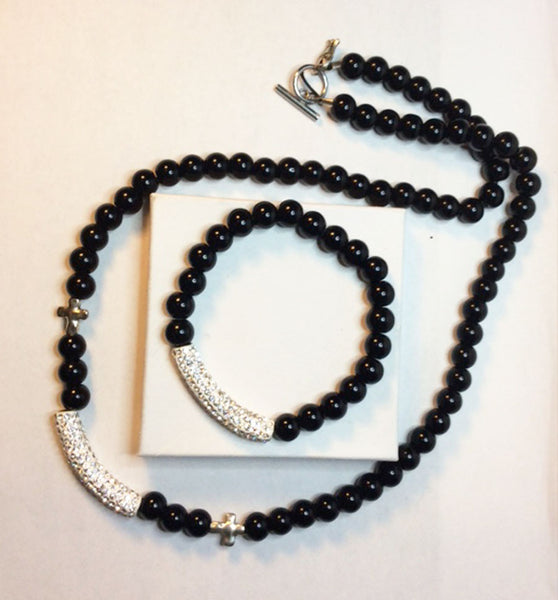 Black Onyx, metal and rhinestone column necklace and bracelet set.