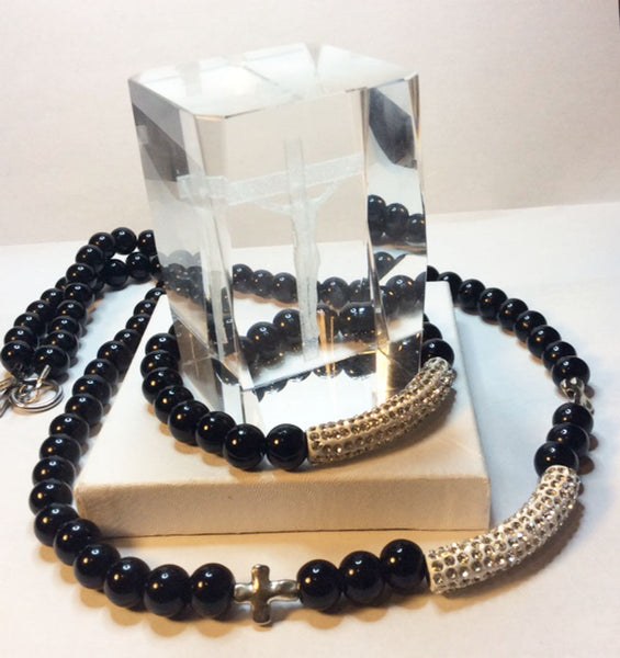 Black Onyx, metal and rhinestone column necklace and bracelet set.