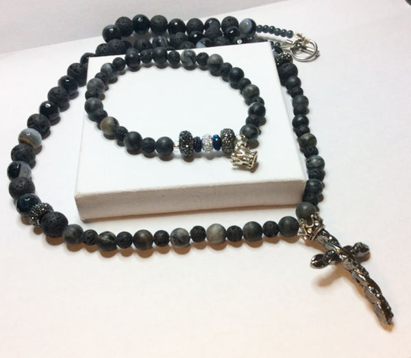 Men's Gemstone and Lava Beaded Cross Necklace and Beaded Crown Bracelet Set.