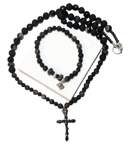Men's Gemstone and Lava Beaded Cross Necklace and Beaded Crown Bracelet Set.