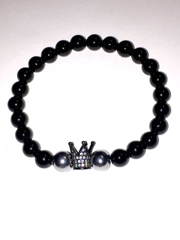 Men's Black Agate Crown Gemstone Bracelet