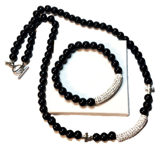 Black Onyx, metal and rhinestone column necklace and bracelet set.